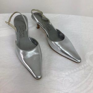 Authentic Salvatore Ferragamo Silver Leather Sling Back Heels